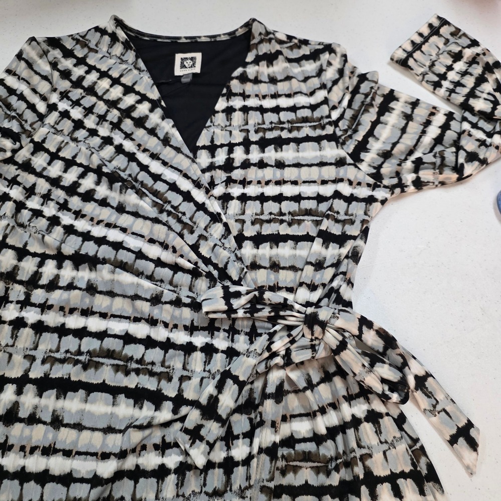 Anne Klein Petite Faux Wrap Dress Black White Grey Abstract Print 3/4 Sleeve PM